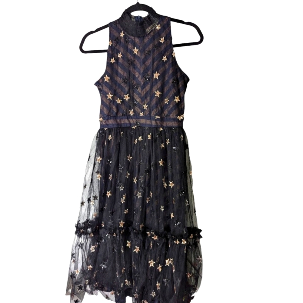 Hannah Banana Black Dress with Gold Star Embroidery
